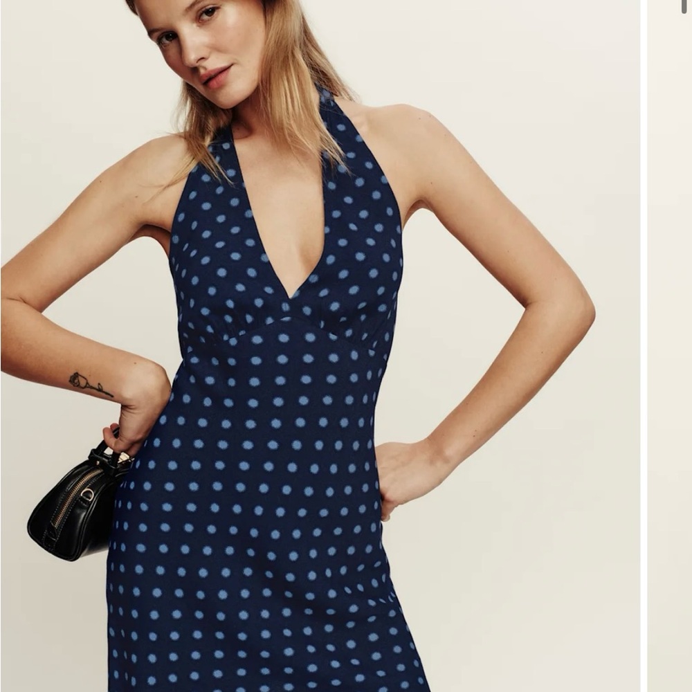 Reformation Navy Blue Polka Dot Halter Mini Dress